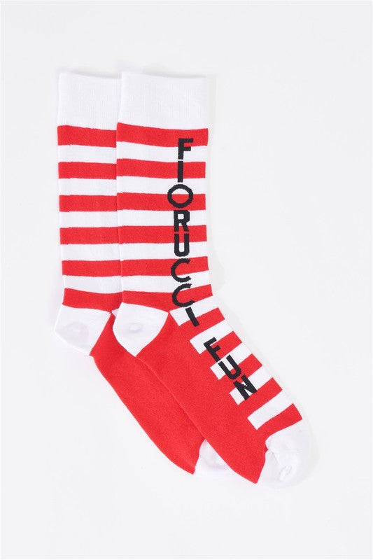 Striped Mid Calf Printed Logo Detail Socks