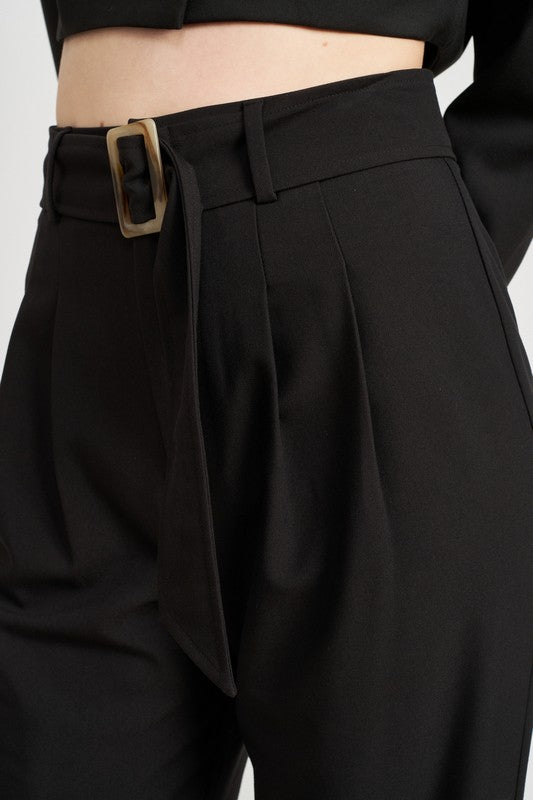 PLEATED SIDE LEG PANTS WITH BELT